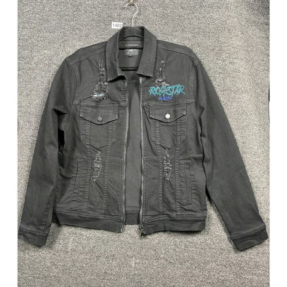 VTG Rockstar Original Jacket Mens L Black Denim Distressed Full Zip Flames Back